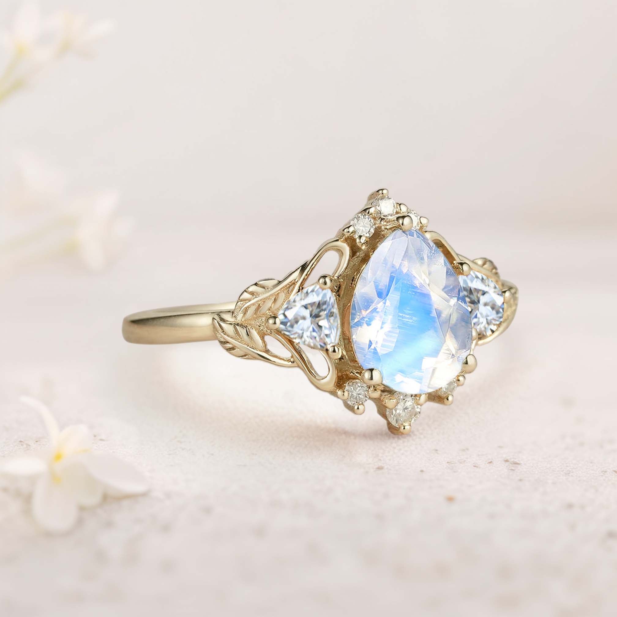 Unique Pear Lab Moonstone and Moissanite side stones Leaf Ring 18K Yellow Gold Engagement Ring