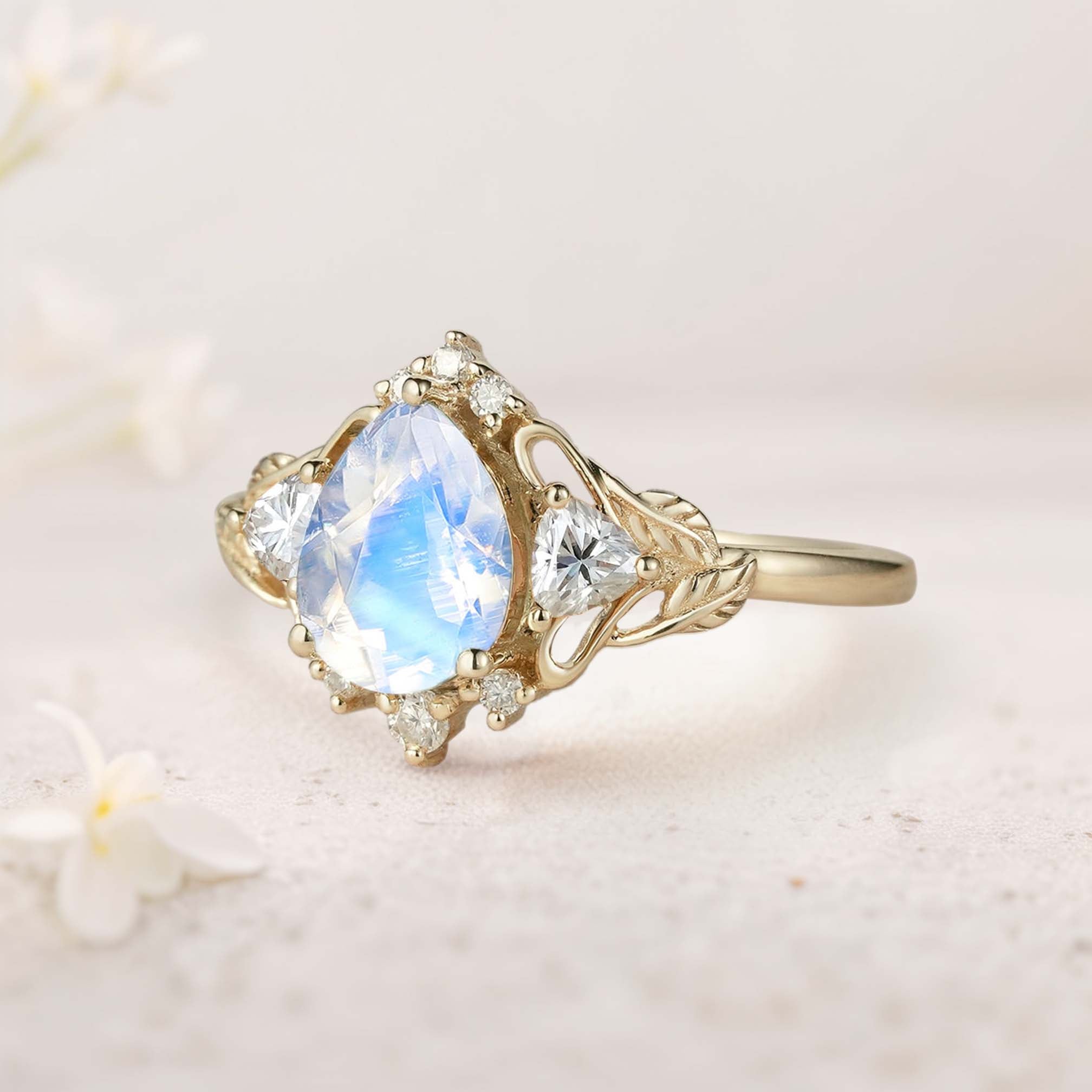 Unique Pear Lab Moonstone and Moissanite side stones Leaf Ring 18K Yellow Gold Engagement Ring
