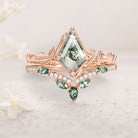 Unique floral engagement rings Vine Kite Moss Agate Leafy 18K Yellow Gold Engagement Ring Set
