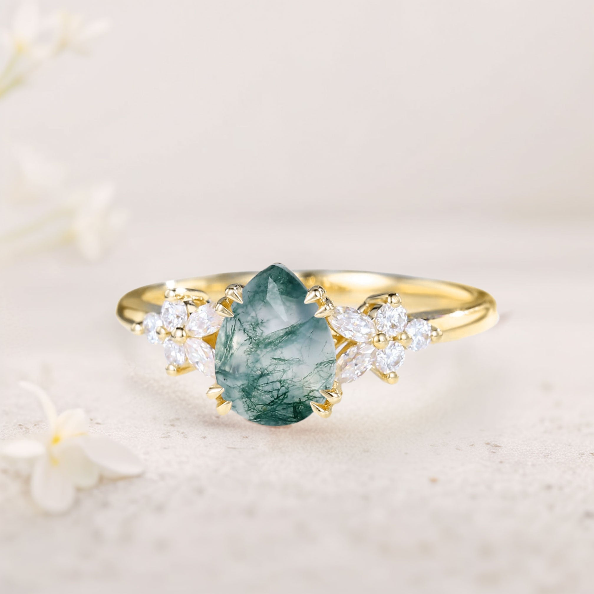 Vintage Pear Moss Agate Twisted 18K Yellow Gold Engagement Ring