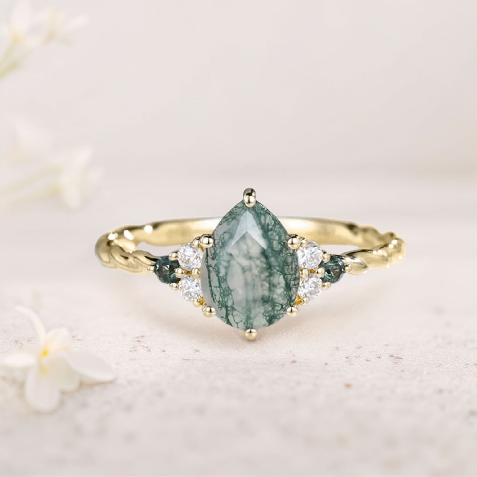 Vintage Pear Moss Agate Twisted 18K Yellow Gold Engagement Ring