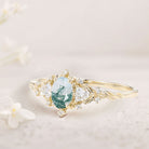 Classic Briar Rose Oval Moss Agate Olive Leaves 18K Yellow Gold Engagement Ring Fairy Ring