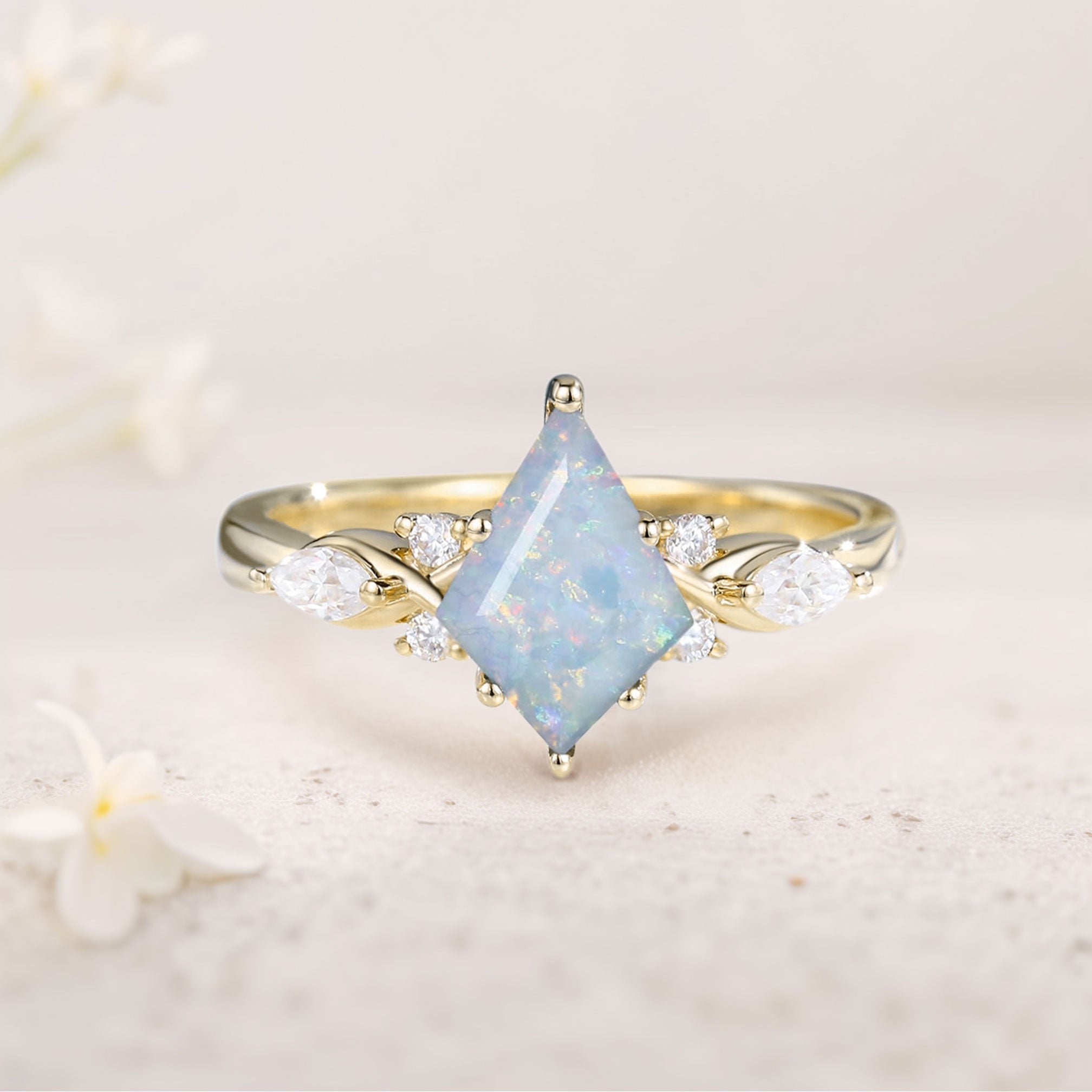 Unique Kite Lab Opal 18K White Gold Engagement Ring Art Deco Promise Ring