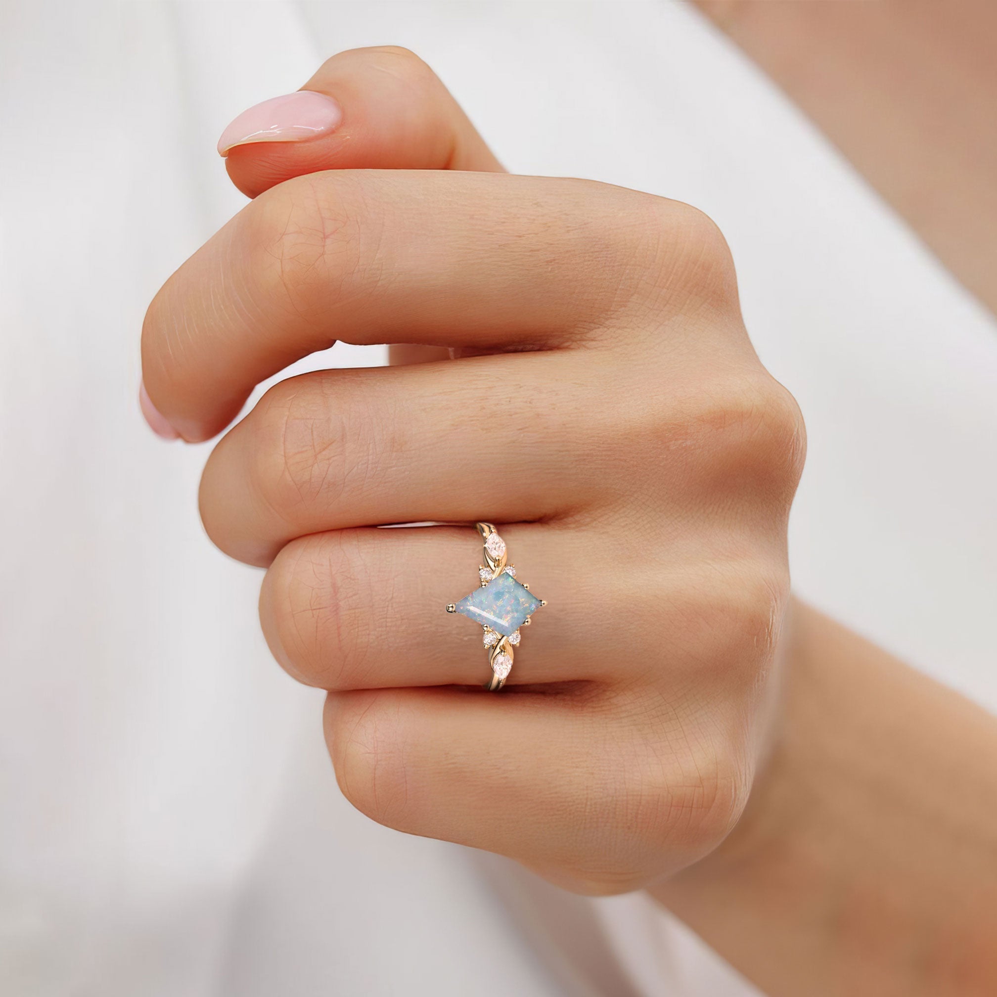Unique Kite Lab Opal 18K White Gold Engagement Ring Art Deco Promise Ring