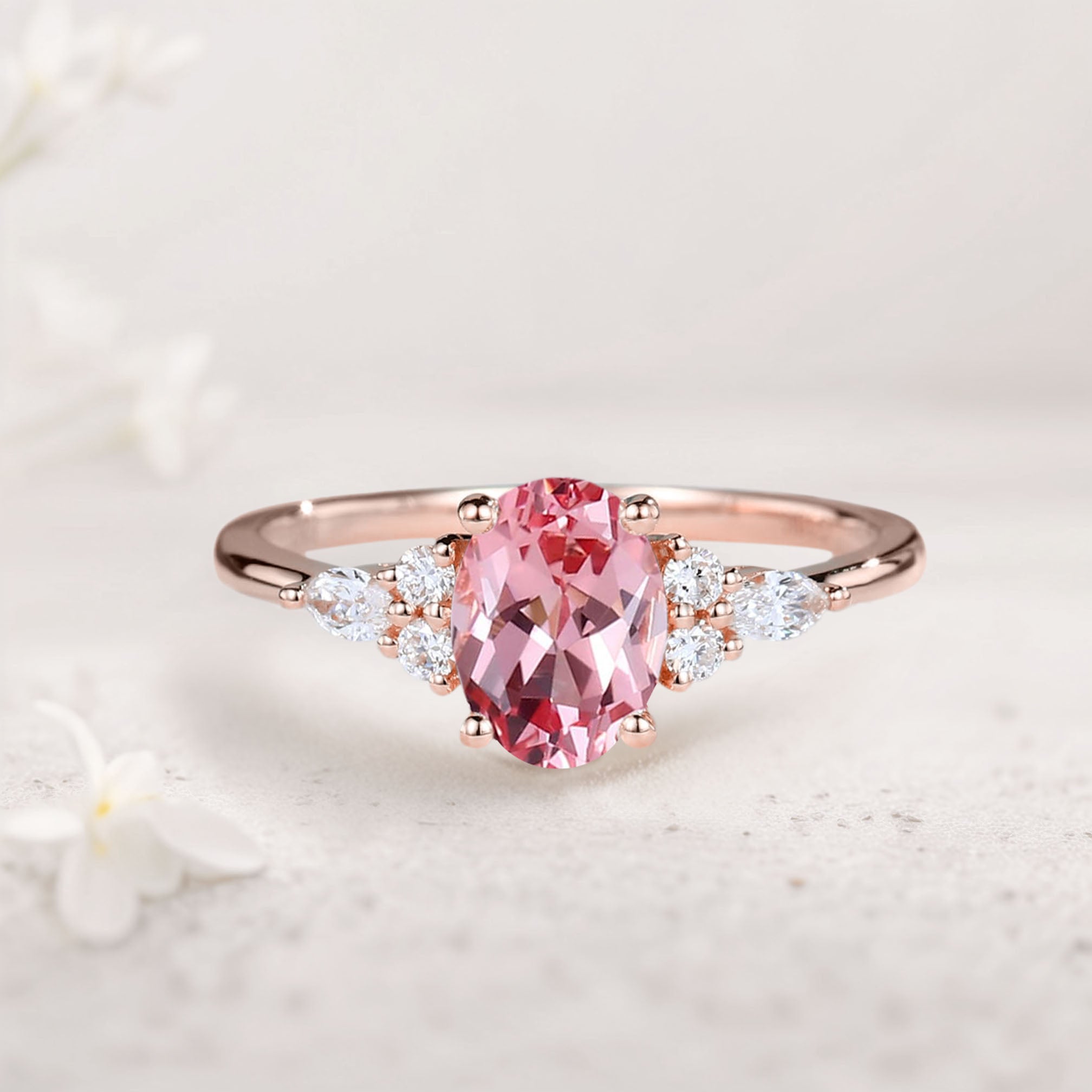 Vintage Oval Lab Padparadscha Cluster 18K Rose Gold Engagement Ring 