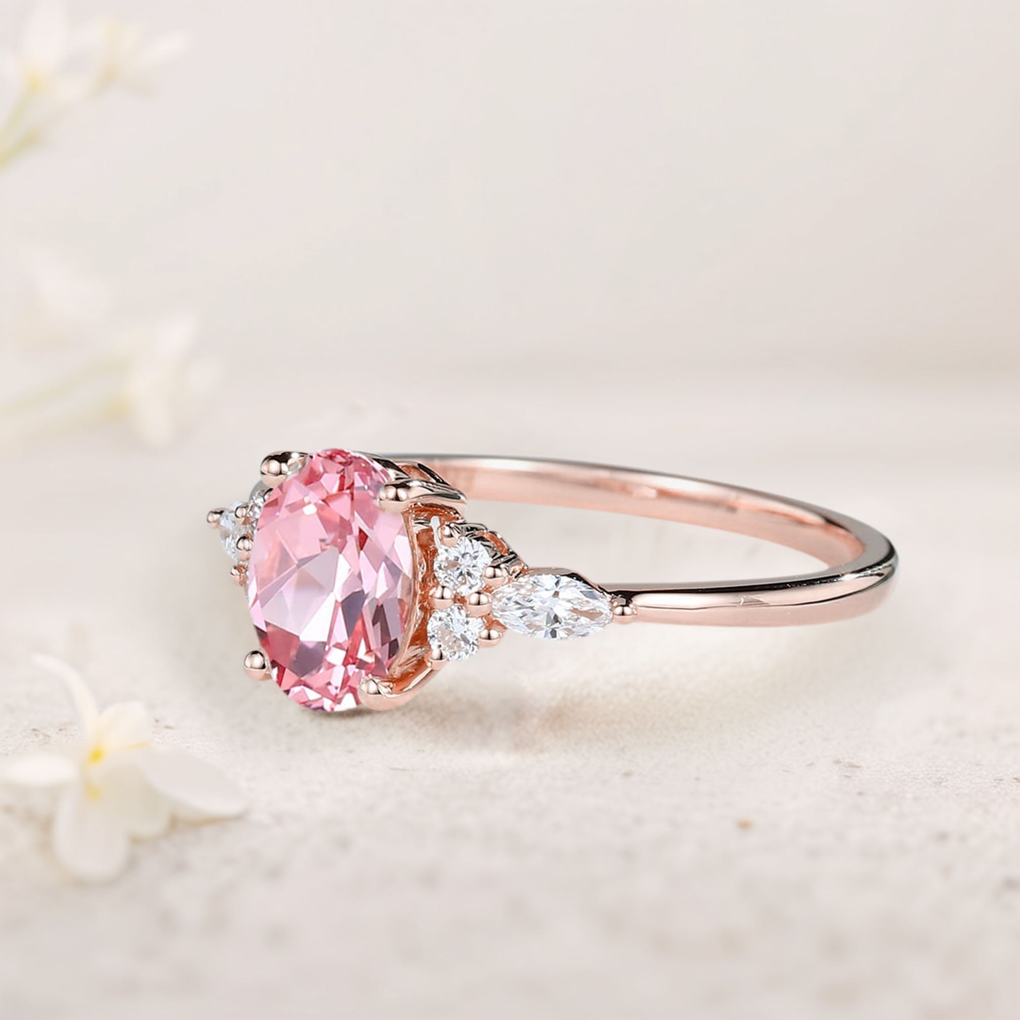Vintage Oval Lab Padparadscha Cluster 18K Rose Gold Engagement Ring 
