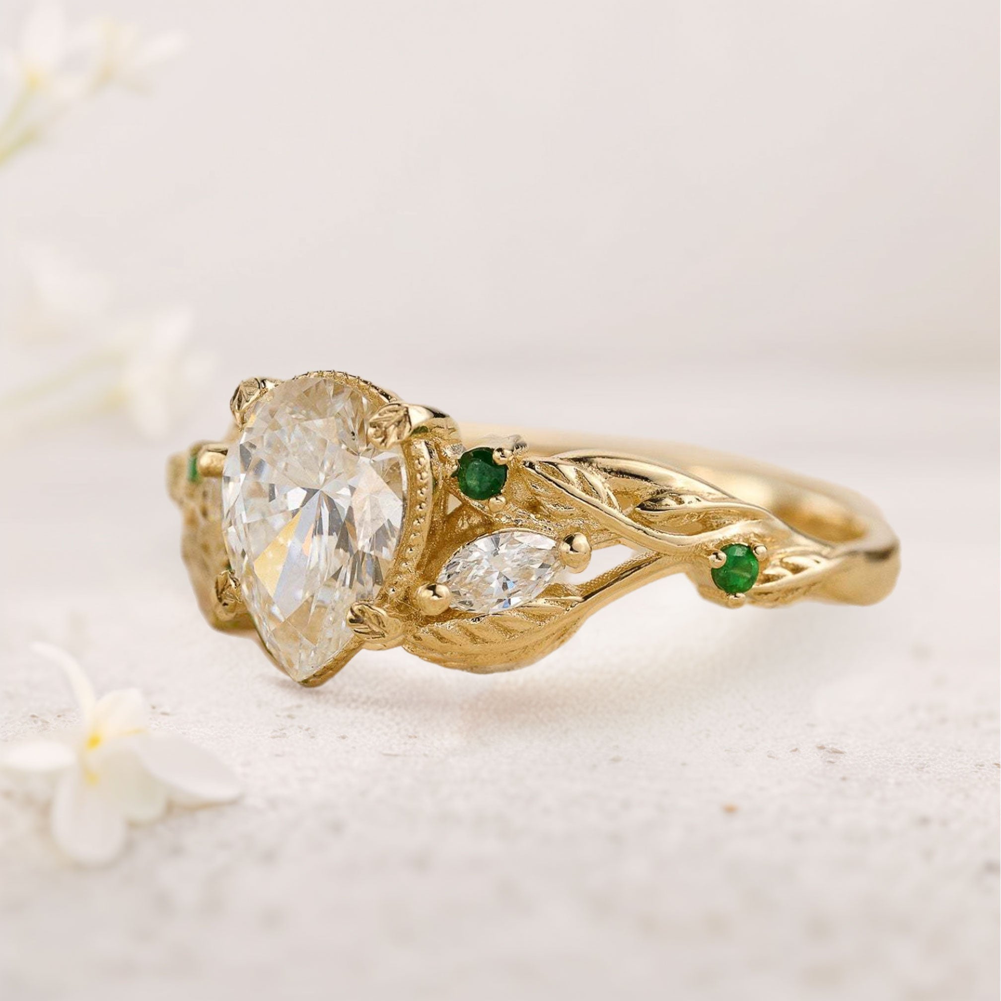 Unique floral engagement rings Pear Moissanite With leaves 18K Yellow Gold Engagement Ring