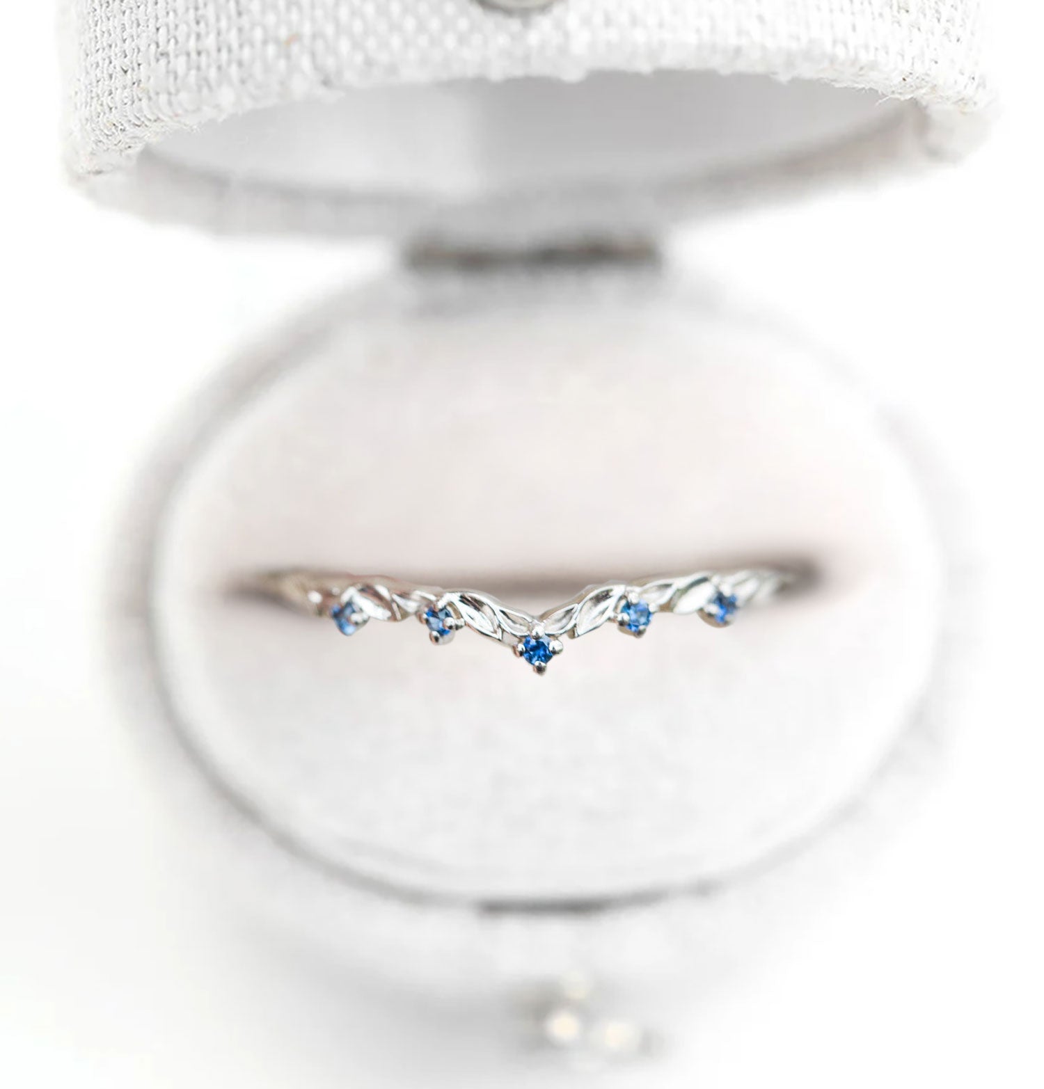 Unique floral engagement rings Round Lab Sapphire Wedding Band 18K White Gold  Engagement Ring