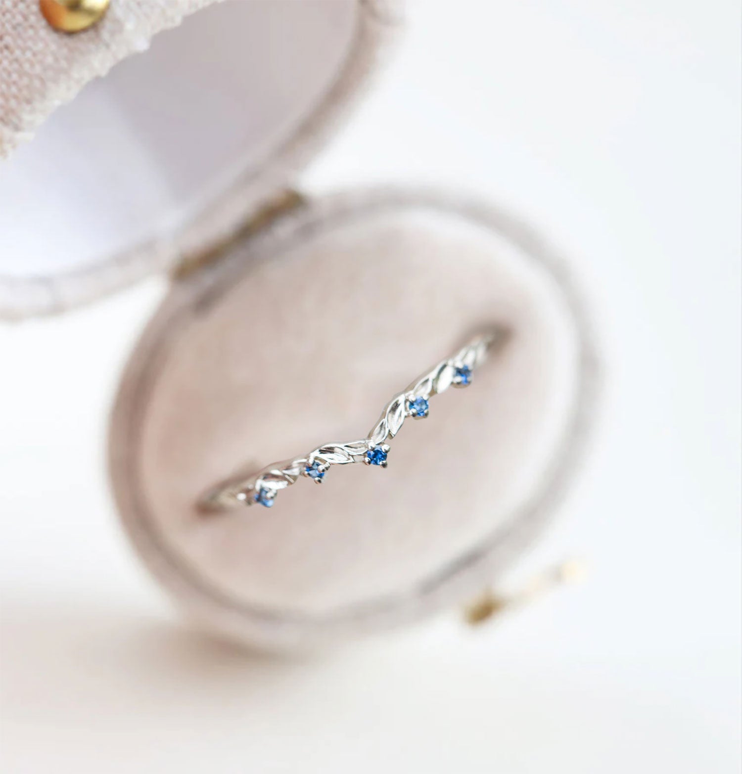 Unique floral engagement rings Round Lab Sapphire Wedding Band 18K White Gold  Engagement Ring