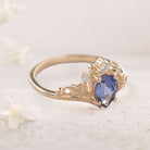 Unique Pear Vivid Blue Lab Sapphire 18K Yellow Gold engagement ring with ivy leaves Ring