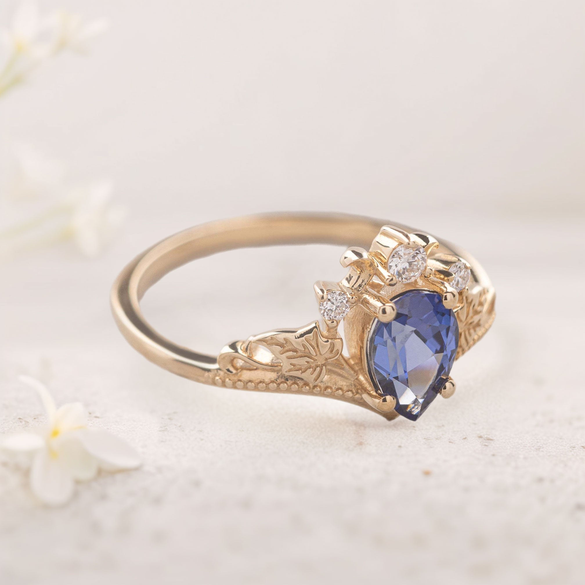 Unique Pear Vivid Blue Lab Sapphire 18K Yellow Gold engagement ring with ivy leaves Ring