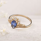 Unique Pear Vivid Blue Lab Sapphire 18K Yellow Gold engagement ring with ivy leaves Ring
