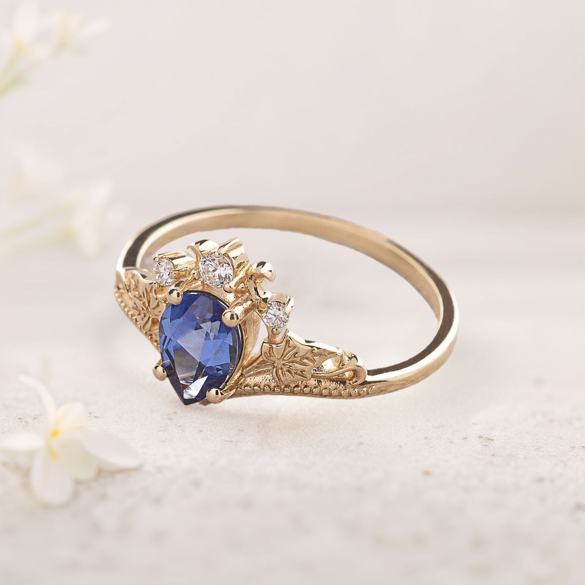 Unique Pear Vivid Blue Lab Sapphire 18K Yellow Gold engagement ring with ivy leaves Ring