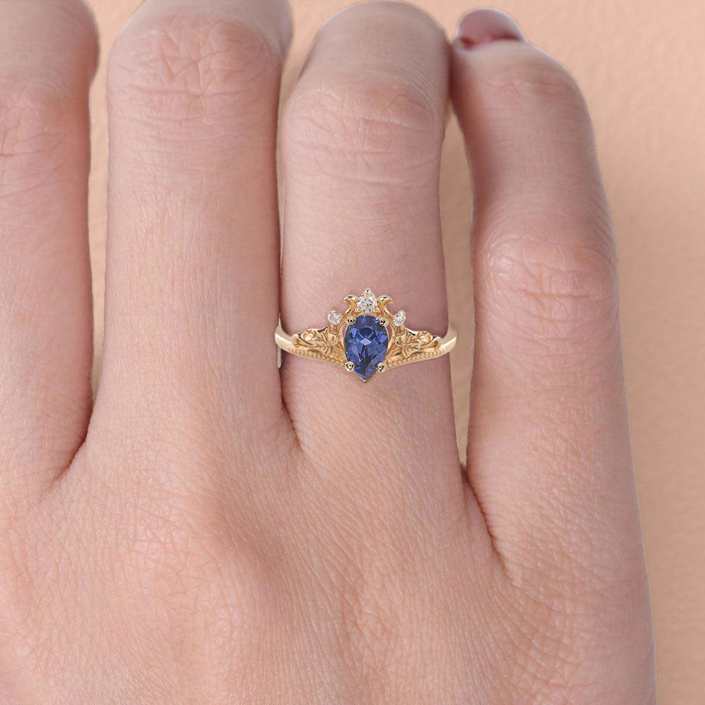 Unique Pear Vivid Blue Lab Sapphire 18K Yellow Gold engagement ring with ivy leaves Ring