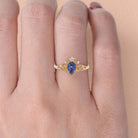 Unique Pear Vivid Blue Lab Sapphire 18K Yellow Gold engagement ring with ivy leaves Ring