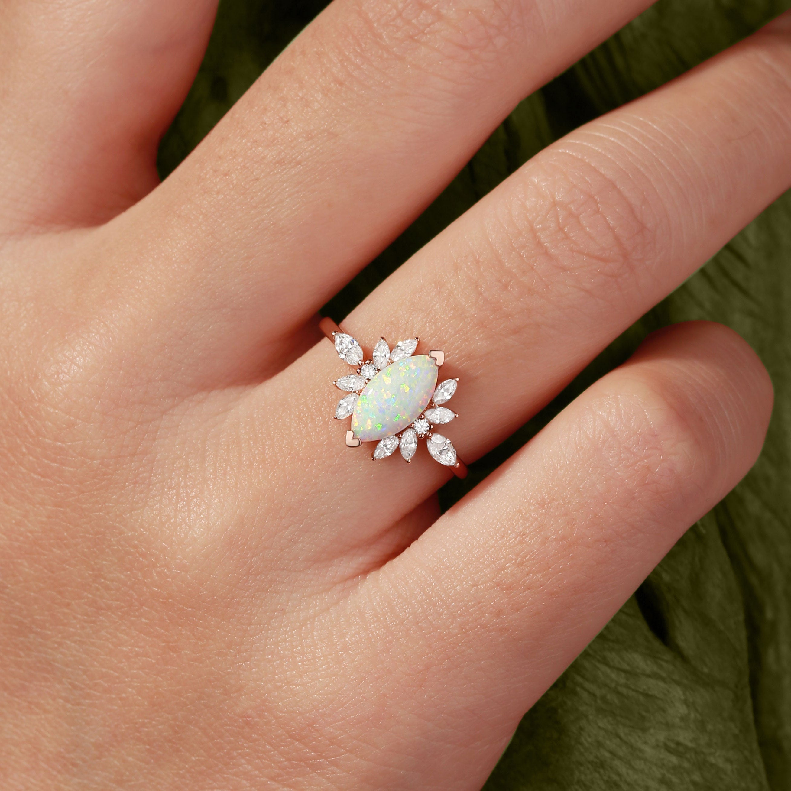 Unique floral engagement rings Marquise Lab Opal Butterfly Fairy 18K Yellow Gold Engagement Ring
