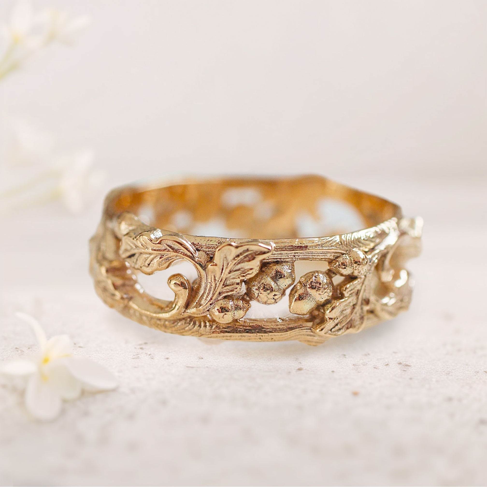 Unique floral 18K Rose Gold engagement rings Oak Leaves and Acorns Ring Wedding Band For Men