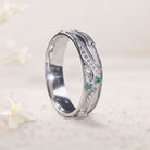 Unique floral 925 Sterling Silver engagement rings Nature inspired Wedding Band with Emeralds For Men