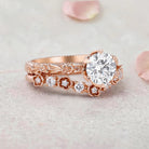 Vintage Floral Round Lab Grown Diamond 14K Yellow Gold Bridal Ring Set