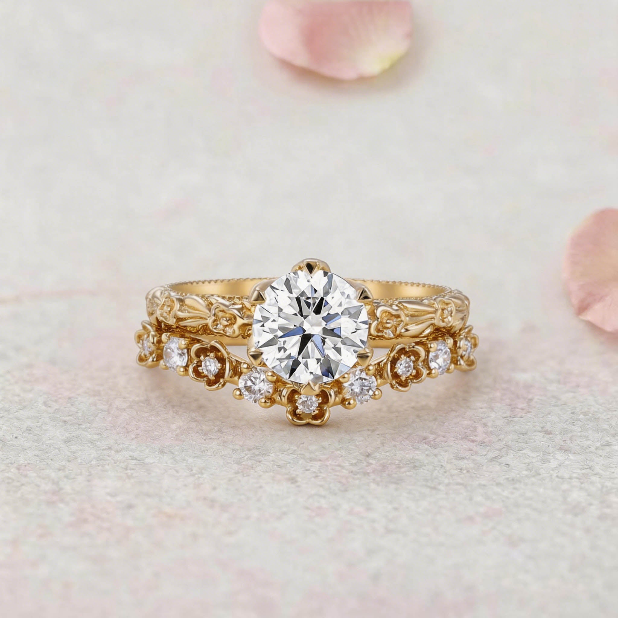 Vintage Floral Round Lab Grown Diamond 14K Yellow Gold Bridal Ring Set