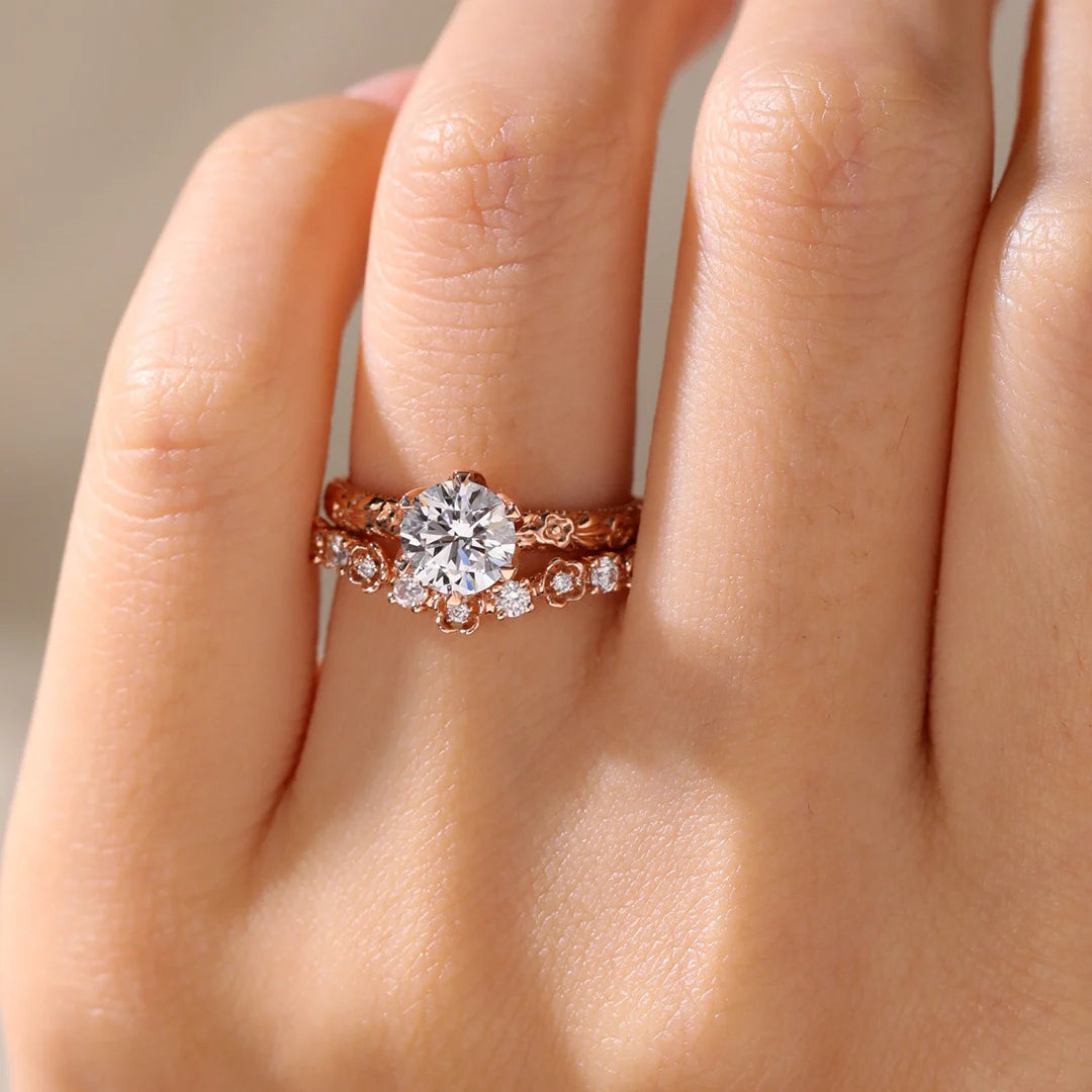 Vintage Floral Round Lab Grown Diamond 14K Yellow Gold Bridal Ring Set
