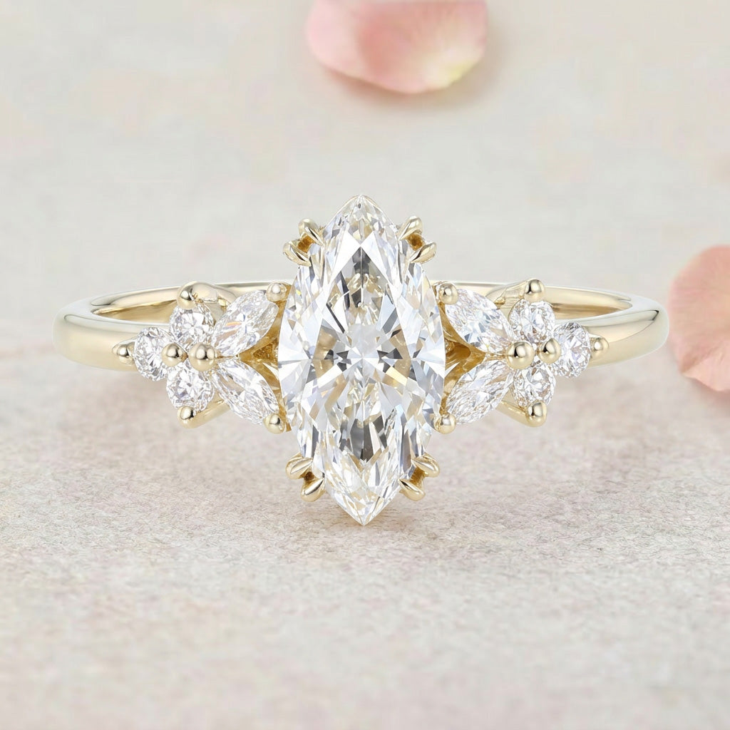 Vintage Petal Cluster Marquise Lab Grown Diamond 14K Yellow Gold Engagement Ring