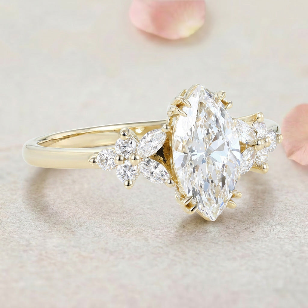 Vintage Petal Cluster Marquise Lab Grown Diamond 14K Yellow Gold Engagement Ring