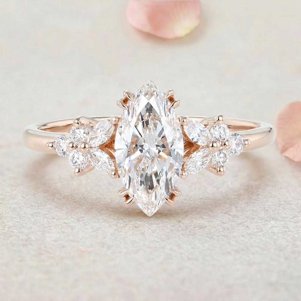 Vintage Petal Cluster Marquise Lab Grown Diamond 14K Yellow Gold Engagement Ring