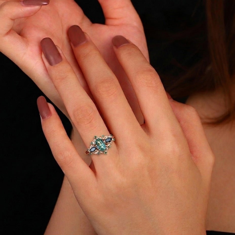 Unique  Green Lab Sapphire  Engagement Ring - Orlina Jewelry