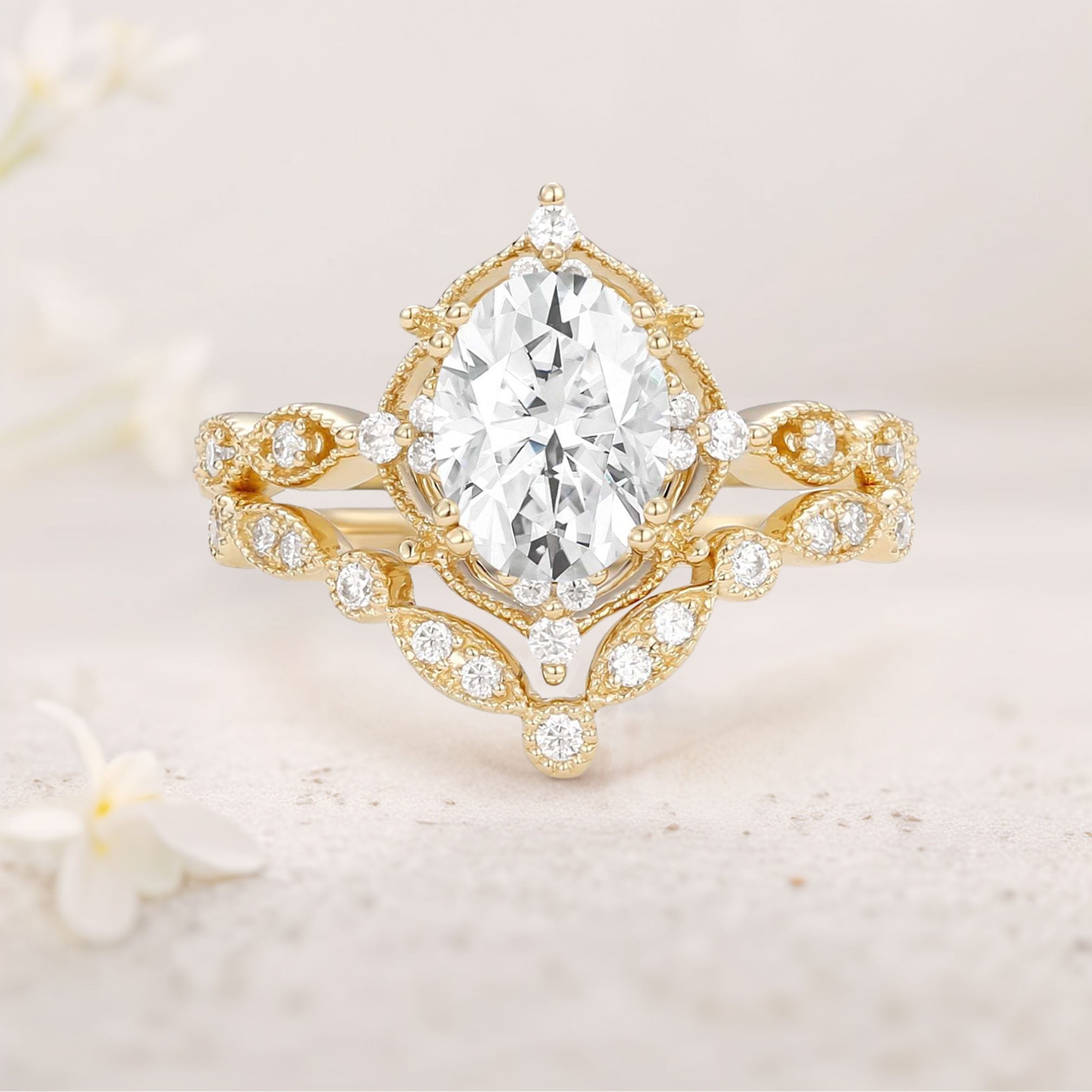 Vintage floral engagement rings Oval Moissanite 18K Yellow Gold Signature Ring Bridal Ring Set
