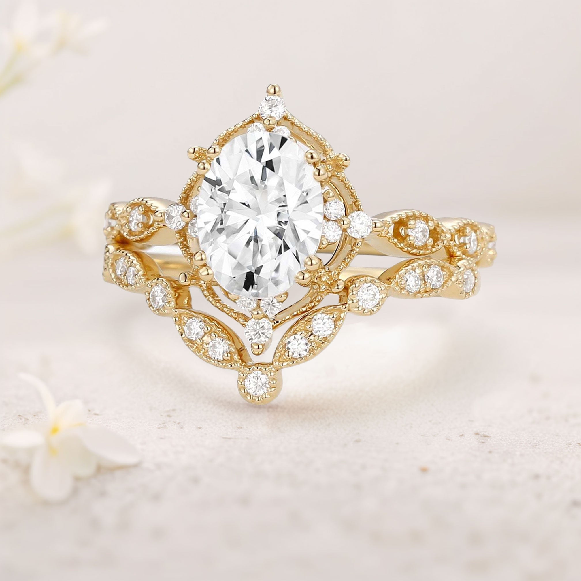 Vintage floral engagement rings Oval Moissanite 18K Yellow Gold Signature Ring Bridal Ring Set