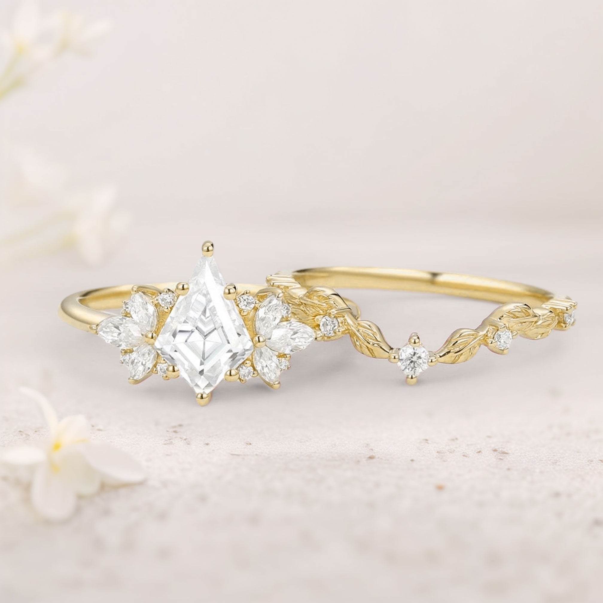 Unique floral engagement rings Kite Moissanite 18K Yellow Gold Butterfly Cluster Ring Set