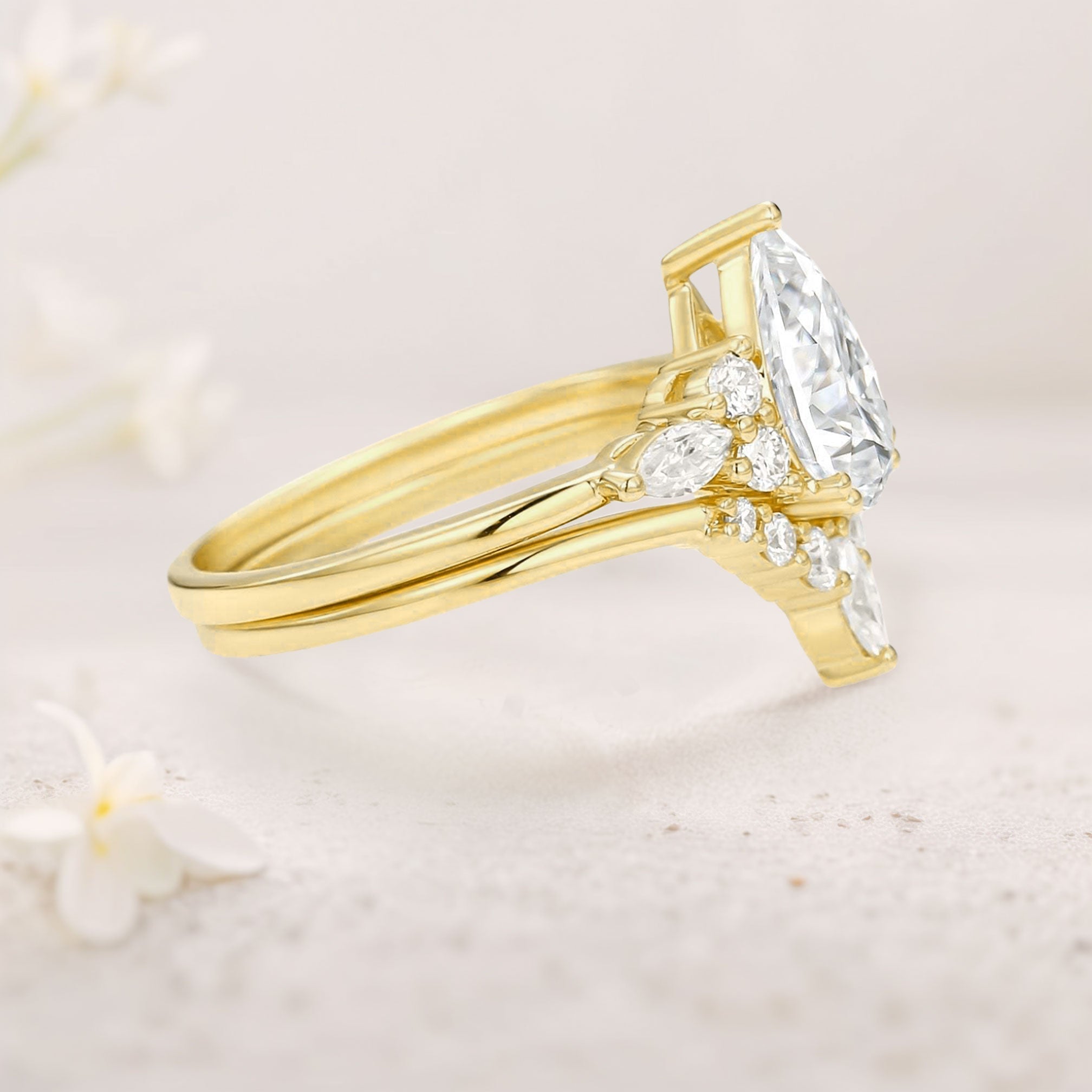 Unique floral engagement rings Pear Moissanite Bridal Ring Cluster 18K Yellow Gold Engagement Ring Set