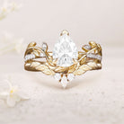Unique floral 18K Yellow Gold engagement rings Pear Moissanite Nature Inspired Leafy Bridal Set