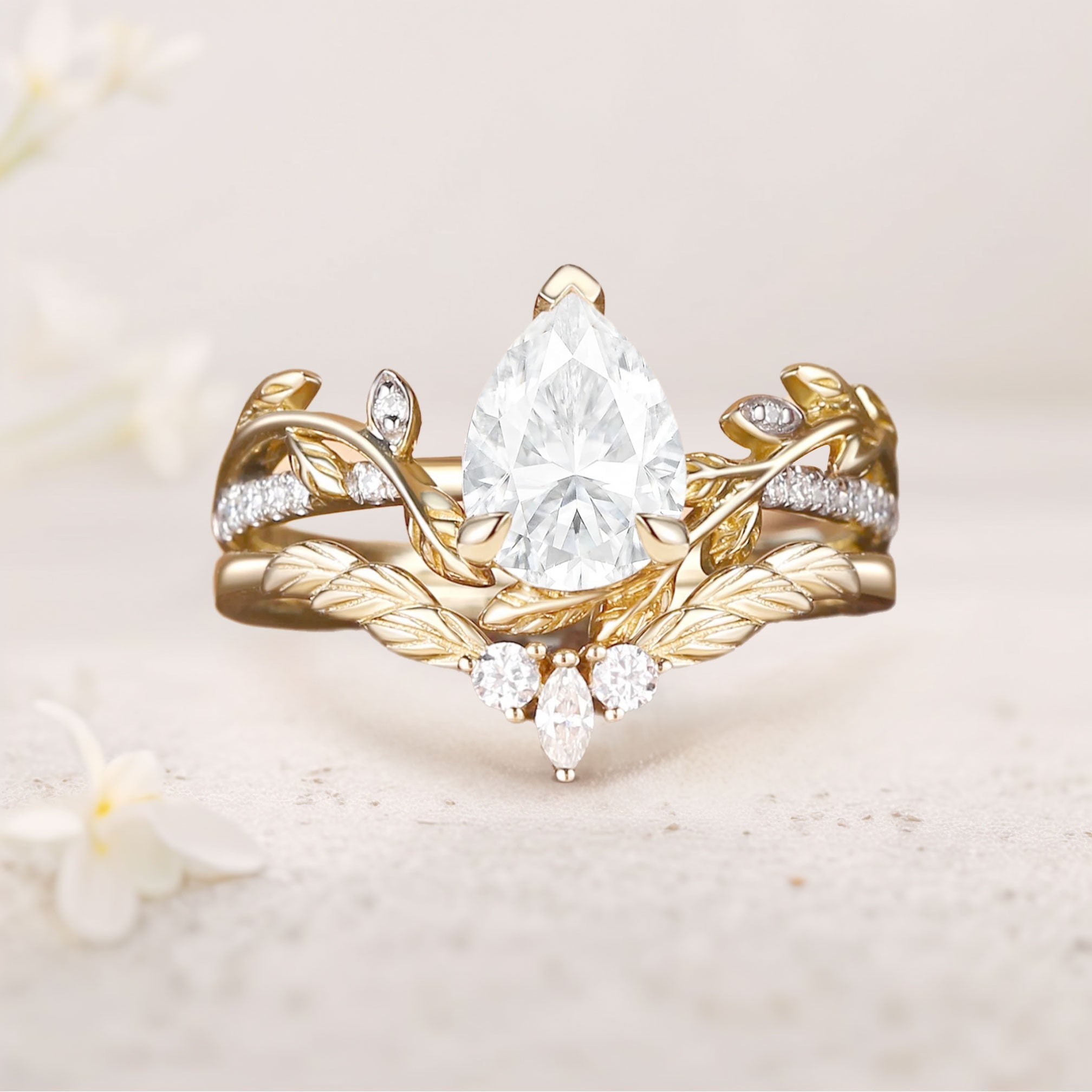 Unique floral 18K Yellow Gold engagement rings Pear Moissanite Nature Inspired Leafy Bridal Set