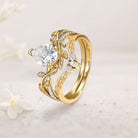 Unique floral 18K Yellow Gold engagement rings Pear Moissanite Nature Inspired Leafy Bridal Set