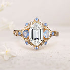 Unique floral engagement rings Three Stone Long Hexagon Moissanite 18K Yellow Gold Engagement Ring