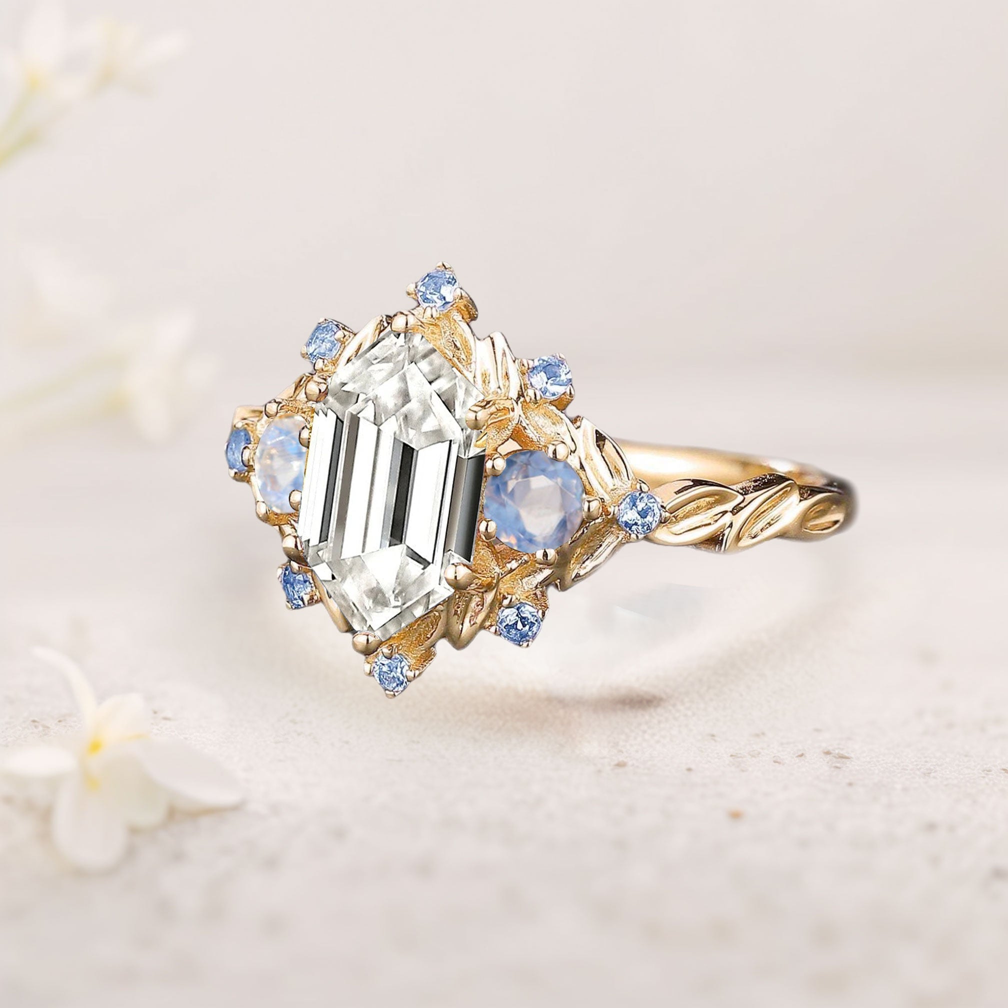 Unique floral engagement rings Three Stone Long Hexagon Moissanite 18K Yellow Gold Engagement Ring