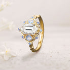Unique floral engagement rings Three Stone Long Hexagon Moissanite 18K Yellow Gold Engagement Ring