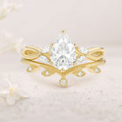 Unique floral engagement rings Pear Moissanite Leafy 18K Yellow Gold Twig Bridal Ring Set