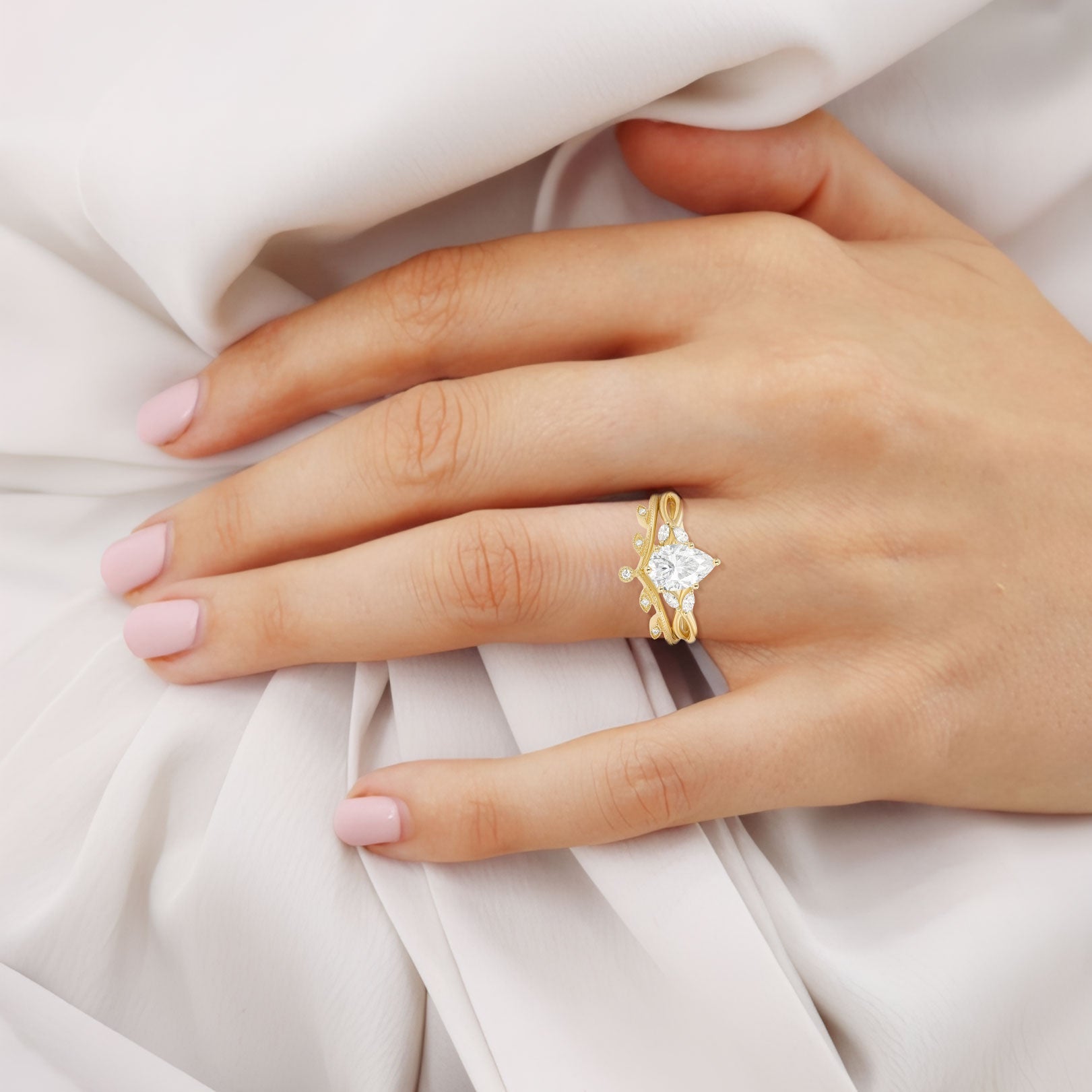 Unique floral engagement rings Pear Moissanite Leafy 18K Yellow Gold Twig Bridal Ring Set