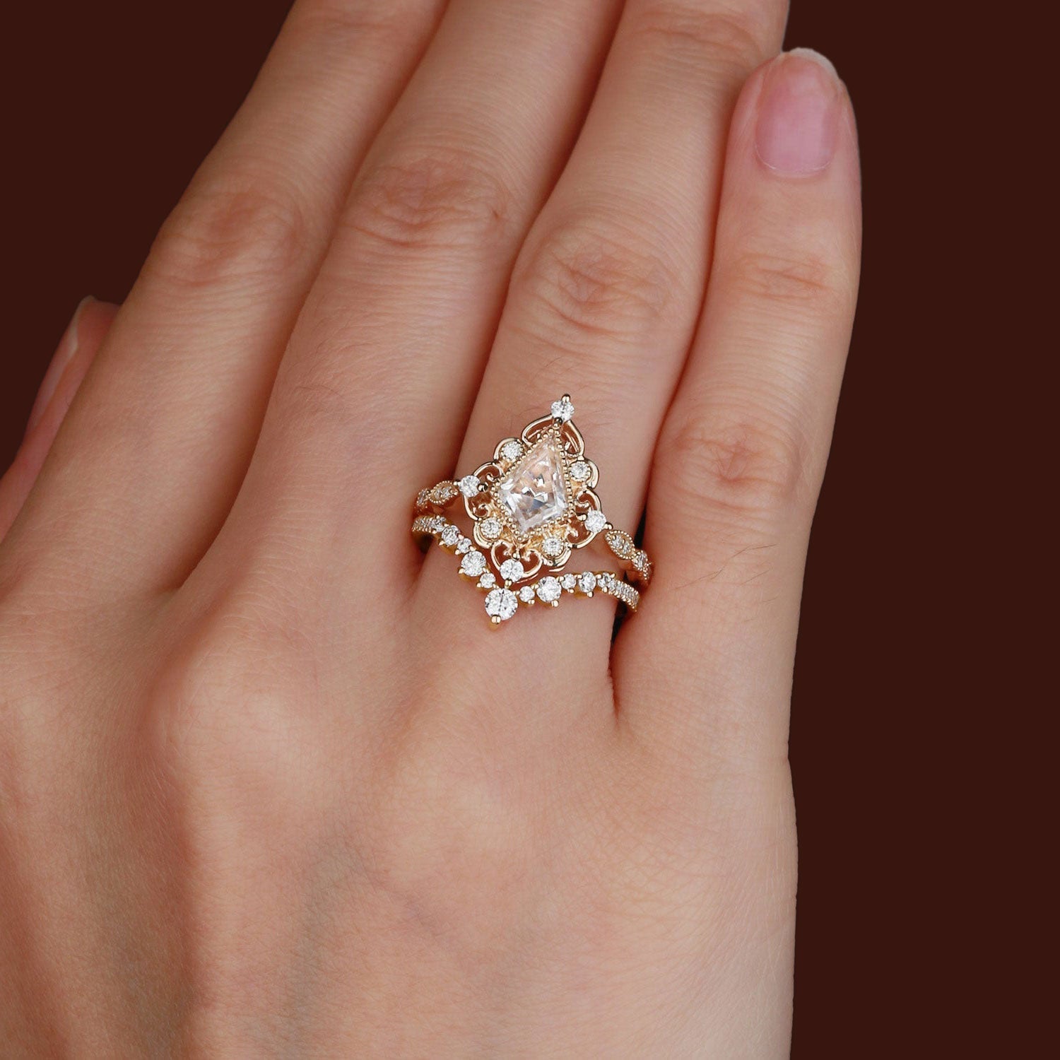 Vintage floral engagement rings Kite Moissanite Art Deco 18K Yellow Gold Engagement Ring Set