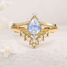 Vintage Pear Lab Moonstone and Moissanite 18K Yellow Gold Chevron Ring Set Bridal Set