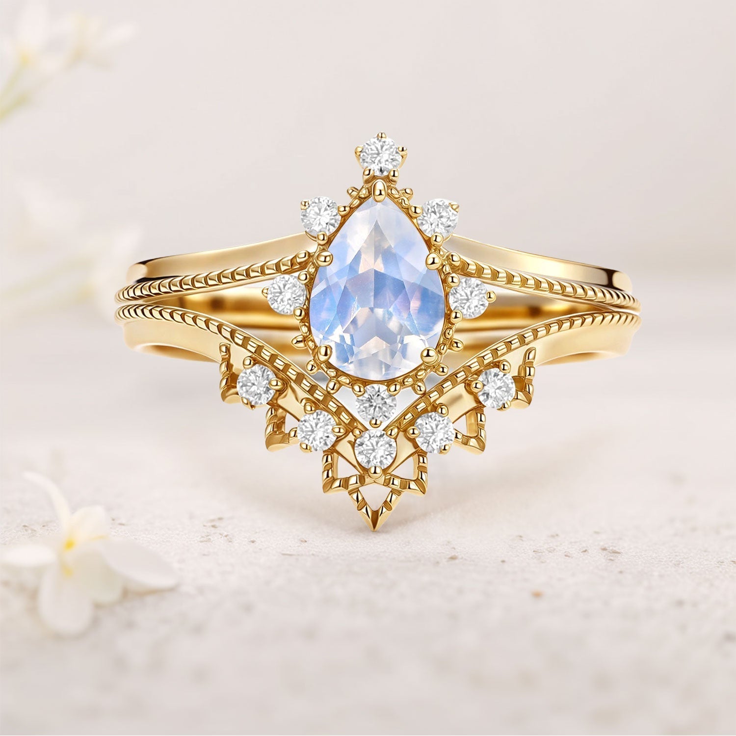 Vintage Pear Lab Moonstone and Moissanite 18K Yellow Gold Chevron Ring Set Bridal Set