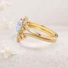 Vintage Pear Lab Moonstone and Moissanite 18K Yellow Gold Chevron Ring Set Bridal Set