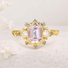 Vintage Three Stone Emerald cut Lab Morganite 18K Yellow Gold Engagement ring Fairy ring