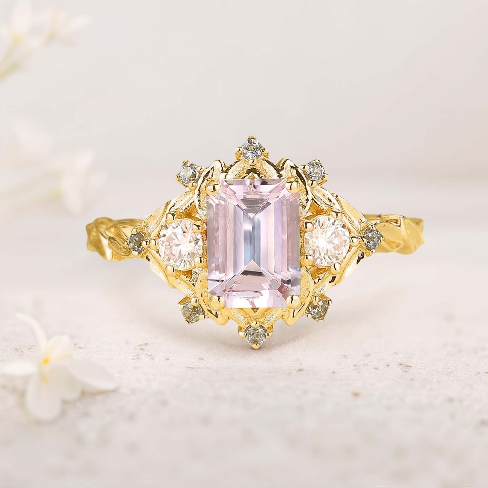 Vintage Three Stone Emerald cut Lab Morganite 18K Yellow Gold Engagement ring Fairy ring