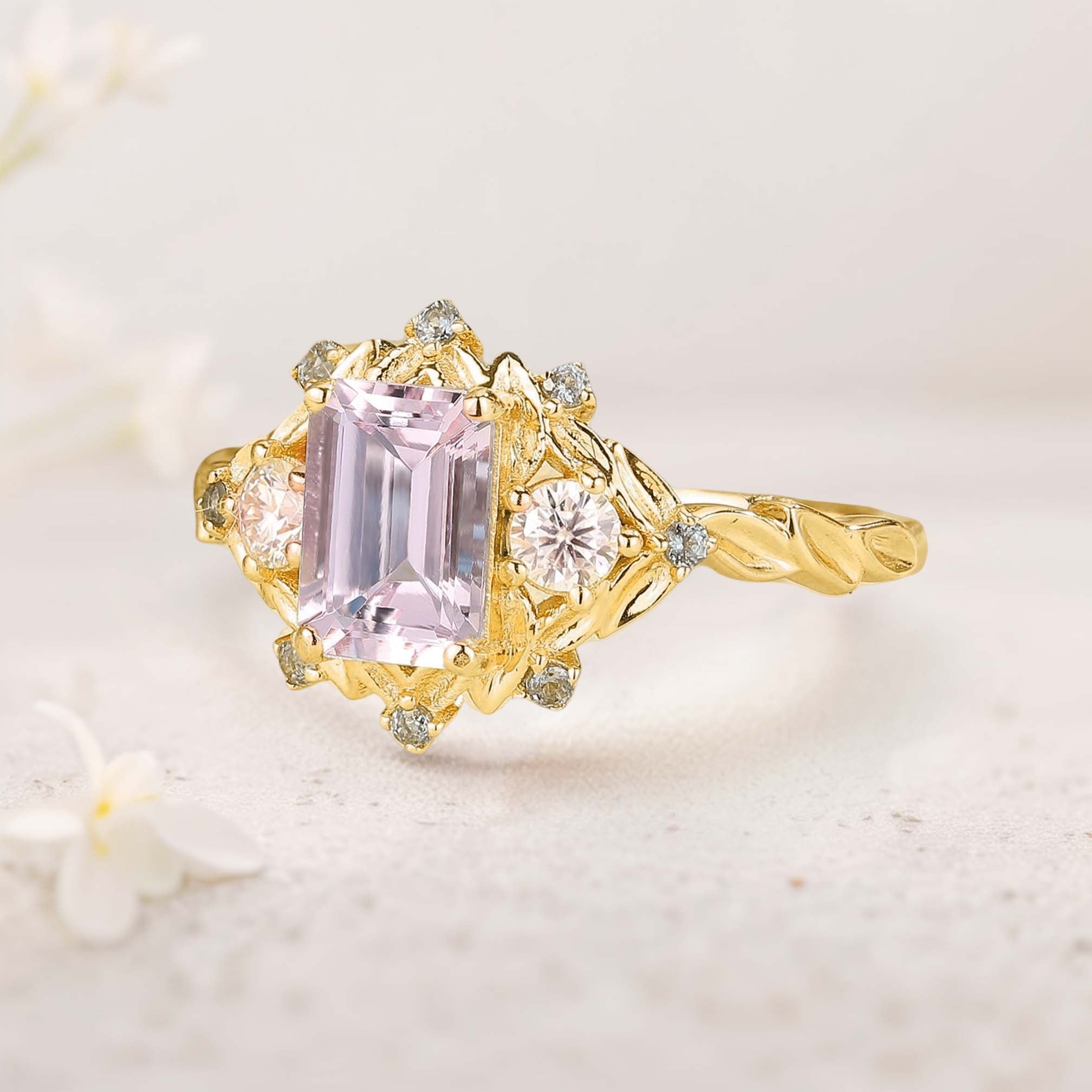 Vintage Three Stone Emerald cut Lab Morganite 18K Yellow Gold Engagement ring Fairy ring