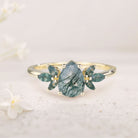 Unique Pear Moss Agate Ring Petal Side Stones 18K Yellow Gold Engagement Ring