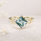 Vintage Princess Moss Agate 18K Yellow Gold Engagement Ring For Women
